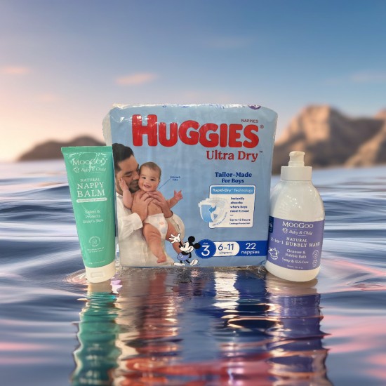 Boys Bundle Gift - Huggies size 3 nappy, moogoo natural Nappy Balm and MooGoo 2-in-1 Bubble Wash