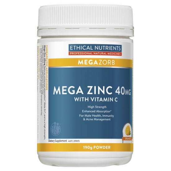 Ethical Nutrients Mega Zinc 40mg with Vitamin C Orange 190g Powder