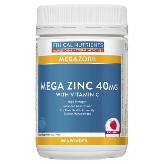 Ethical Nutrients Mega Zinc 40mg with Vitamin C Raspberry 190g Powder