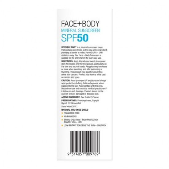 Invisible Zinc Face & Body Mineral Sunscreen SPF50 150g