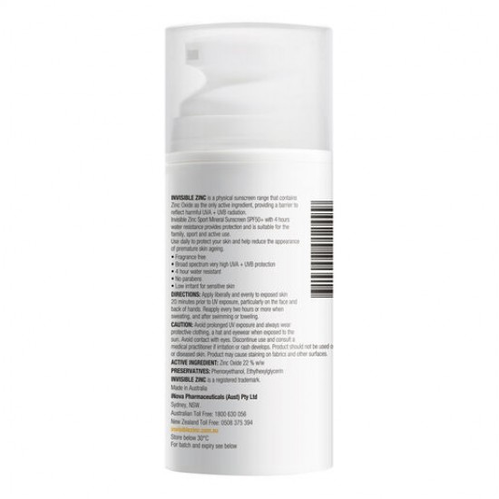 Invisible Zinc SPF 50+ Sport Mineral Sunscreen 4 Hour Water Resistant 100ml